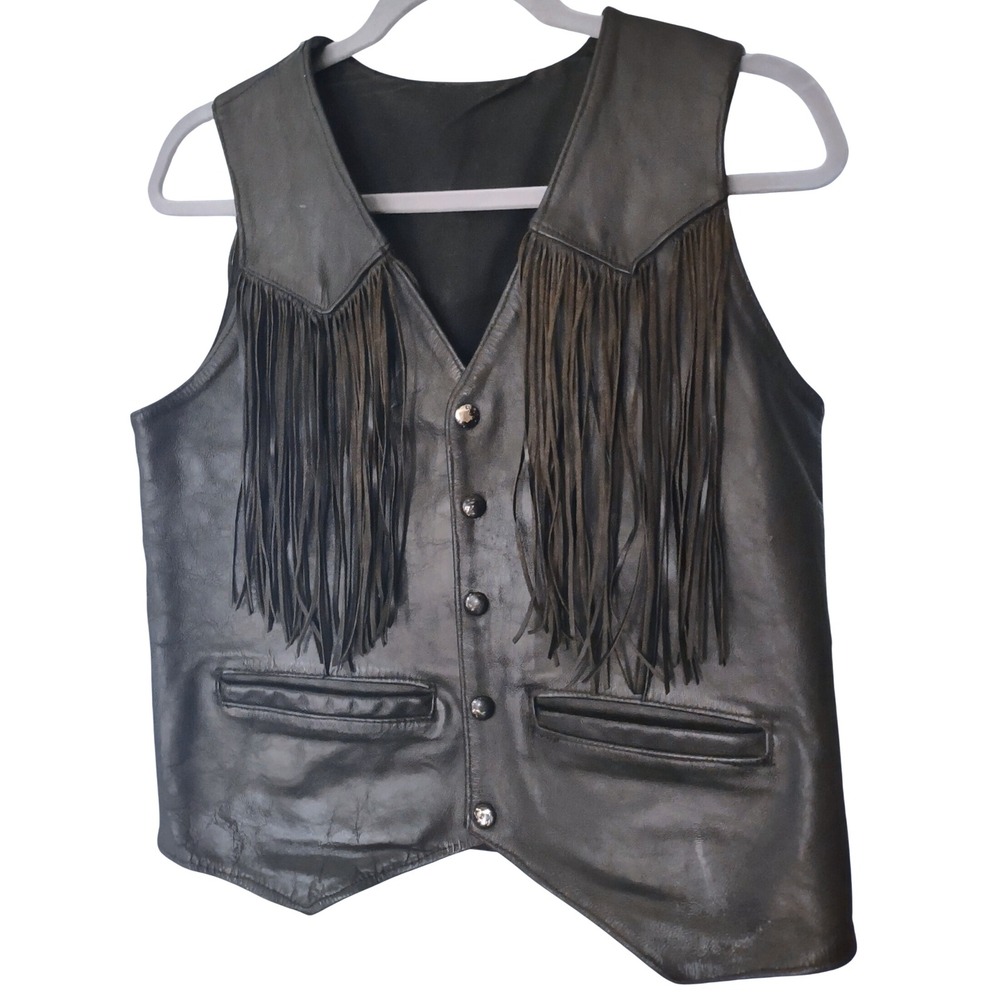 Leather Fringe Vest Women's Biker Western‎ Rocker Festival Sleeveless 36 Chest